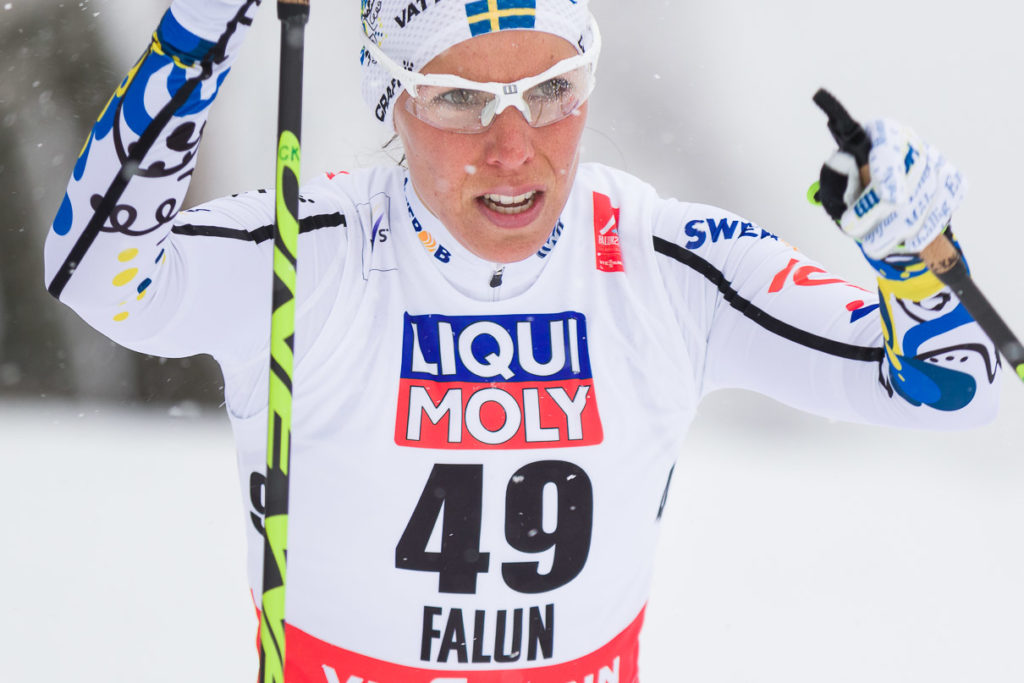 Charlotte Kalla med fokus i blick vid skid-VM i Falun 2015. Fotograf: Magnus Stålberg