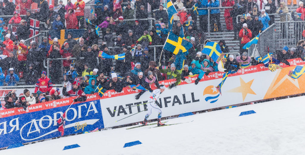 Charlotte Kalla på väg mot mål i 10 km fri stil vid VM i Falun 2015. Fotograf: Magnus Stålberg
